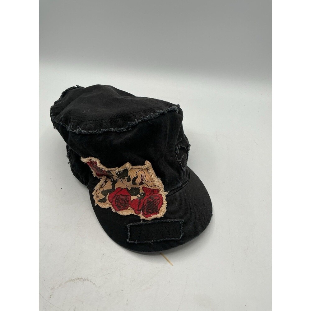 Mudd Black Cadet Hat Womens Military Style Cap Roses Distressed Y2K One Size
